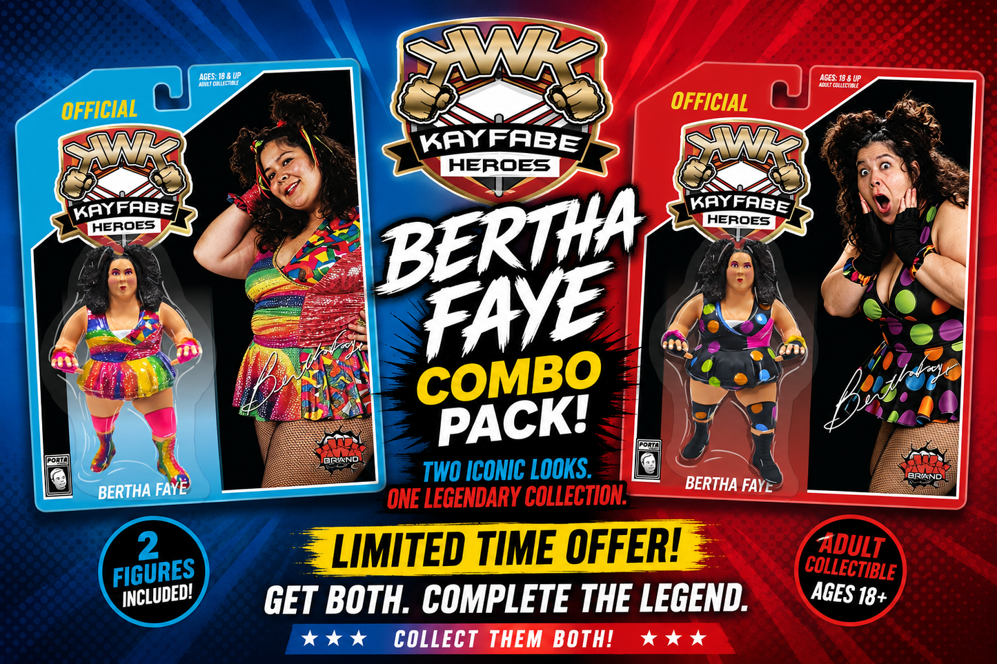 * Pre-Order * KWK Kayfabe Heroes Combo Deal Blue & Red Card Bertha Faye